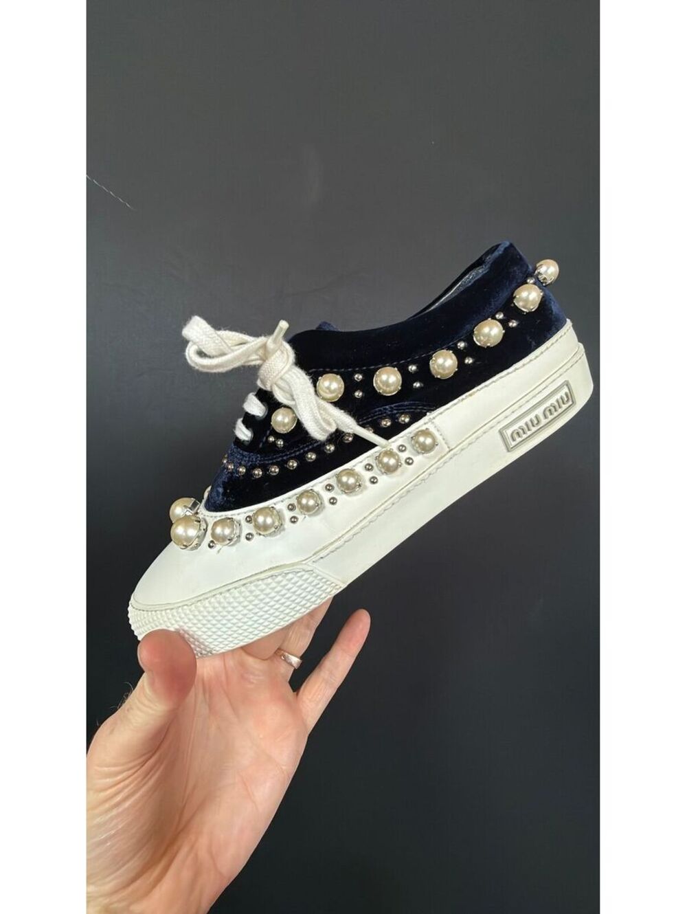 Miu Miu Navy Velvet Faux Pearl Sneakers Size 39